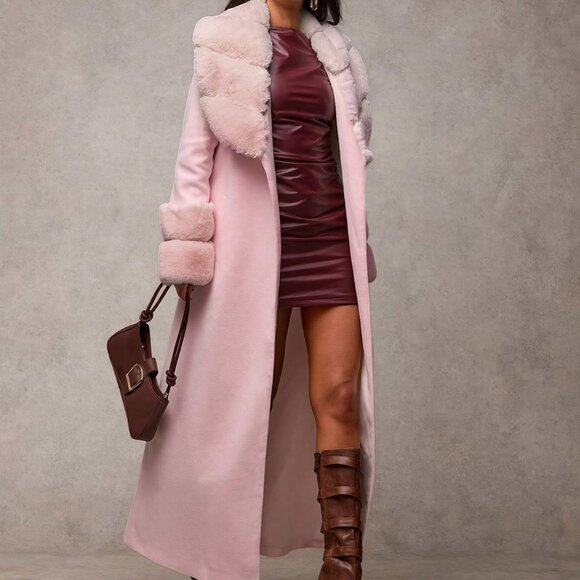 Jackets & Blazers - Dusty Pink Elegant Women's Faux Fur Shawl Collar Long Sleeve Coat